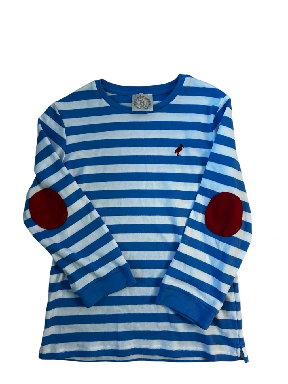 Beaufort Bonnet Company Blue White Stripe Shirt Red Elbow Patch Sz 8